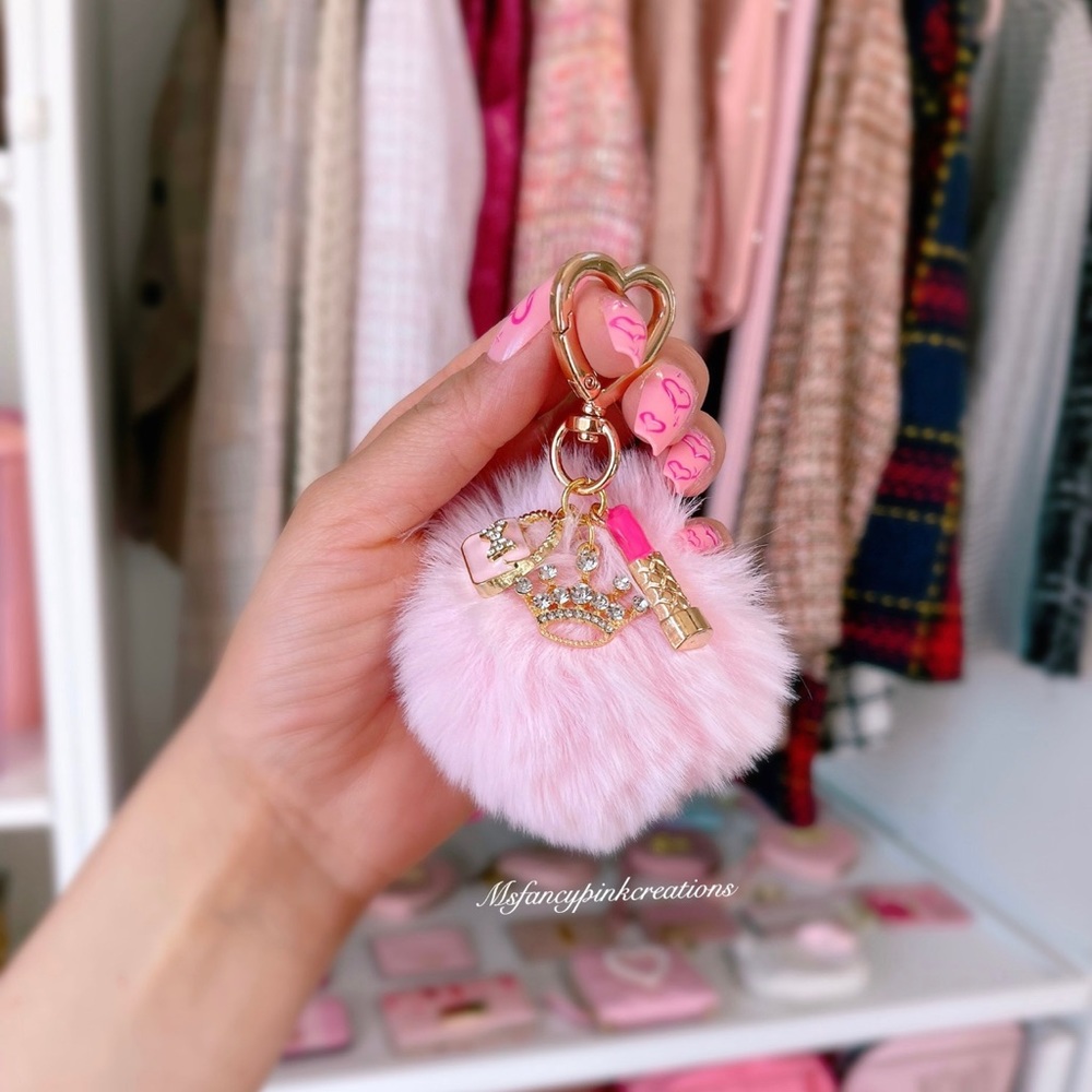 Handmade pink pom purse charm keychain
